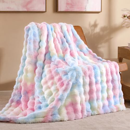 Smoofy Faux Fur Throw Blanket for Couch - Rainbow Super Soft Cozy Bubble Blanket Fluffy Plush Fuzzy Throw for Sofa & Bed Thick Lightweight Warm Blanket Luxury Aesthetic Gift for Women 50x60