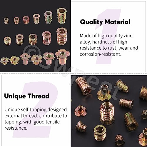Swpeet 175Pcs M4 M5 M6 M8 M10 Metric Carbon Steel Color Zinc Plated Threaded Inserts Nuts and T-Nut 4 Pronged Tee Blind Nuts with Wrench Assortment Kit for Wood Furniture Bolt Fastener Screw Inserts - Image 3