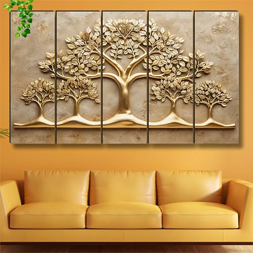Image of Livin'luxe Golden Tree of Life Wall Art | 5 Panel Textured Wall Art Painting | Luxury Gold Embossed Family Tree Design for Living Room, Hallway, Office, Housewarming Gift (50 x 30 Inch) XL-35439
