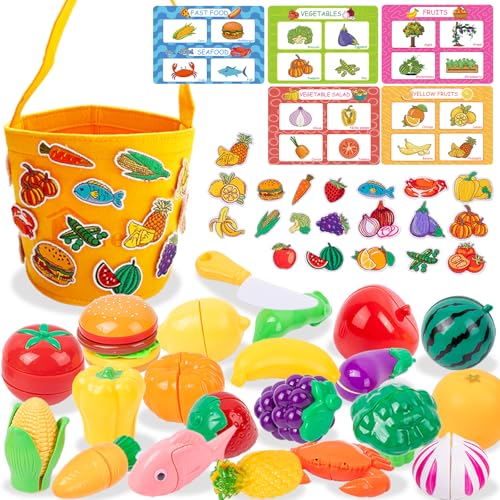 Adena Montessori 40 PCS Cutting Play Food Toy for Kids Kitchen,Pretend Fruit &Vegetables with Veggie Tote,20 PCS Felt Flannel and Plastic Knife, Educational Toy for Toddler Children Birthday Gift