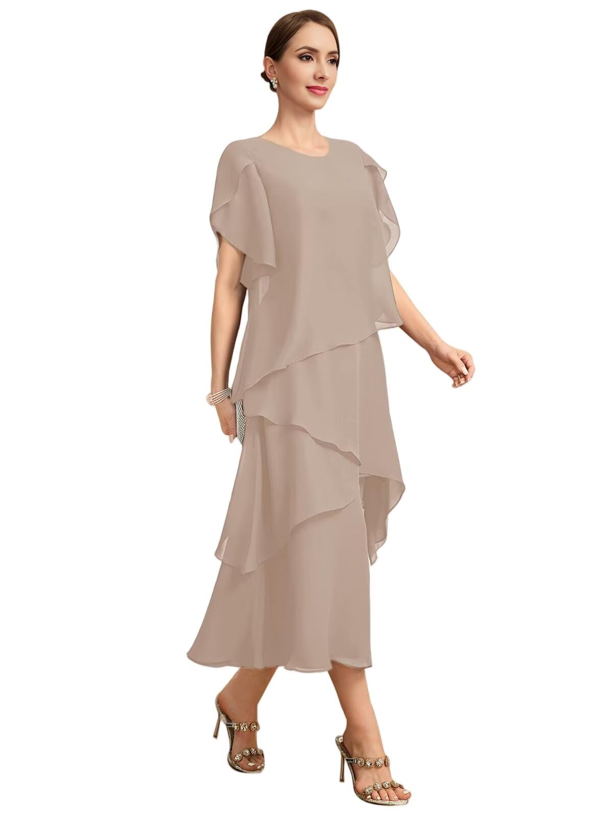 Chiffon Mother of The Bride Dresses for Women Tea Length Formal Wedding Guest Dress with Sleeves