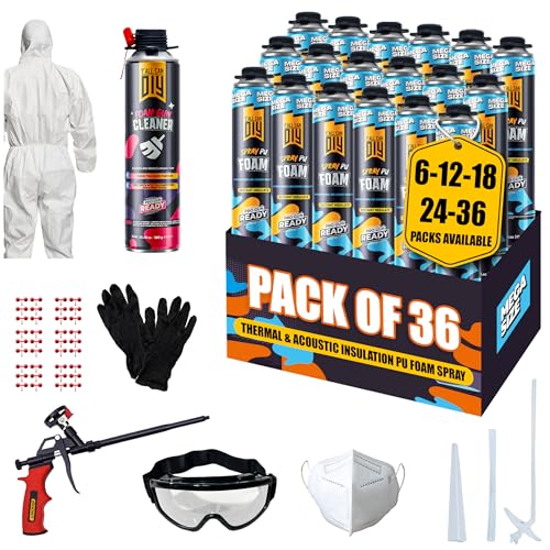 Spray Foam Insulation Kit for Walls & Attic -36 Pack Foam Insulation Spray - 720 Board ft/sq.ft. Heat & Sound Control, Energy Saving, Seal Gaps & Cracks Complete Kit with 1 Gun, Cleaner & Safety Gear