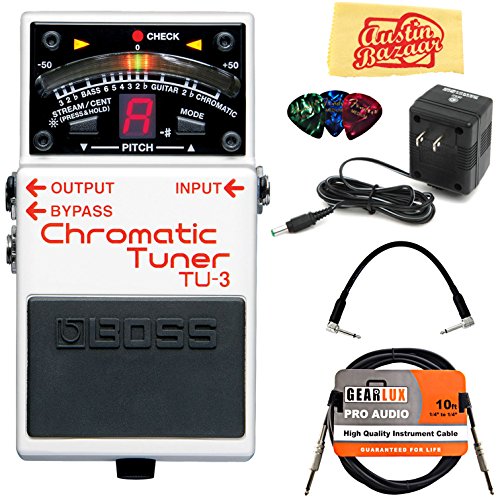 Boss TU-3 Chromatic Tuner Bundle with Power Supply, Instrument Cable, Patch Cable, Picks, and Austin Bazaar Polishing Cloth