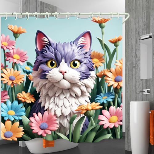 Image of LYFANS Bathroom with Purplish White Cat 3D Shower Curtains, Luxury Bathtub Standard Shower Curtain, Waterproof and Bright Fabric Shower Curtain Size (72x72 Inches)