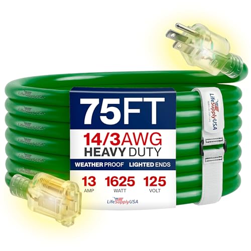 75ft Outdoor/Indoor Extension Cord 14/3 Gauge Heavy Duty 3 Prong SJTW Waterproof Flexible Cold-Resistant Long Power Cord 13A 125V 1625W Green by LifeSupplyUSA