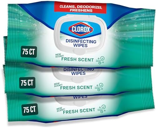 Clorox Disinfecting Wipes, Bleach Free, Household Essentials, Fresh Scent, Moisture Seal Lid, 75 Cleaning Wipes, Pack of 3 (New Packaging) Clorox Disinfecting Wipes, Bleach Free, Household Essentials, Fresh Scent, Moisture Seal Lid, 75 Cleaning Wipes, Pack of 3 (New Packaging)
