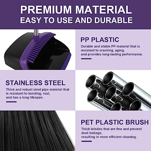 Large Broom and Dustpan Set, Purple Broom with Dustpan Combo Set, 55" Long Handle Broom, Self Cleaning Dustpan, Ideal for Home and Dog Cat Pets