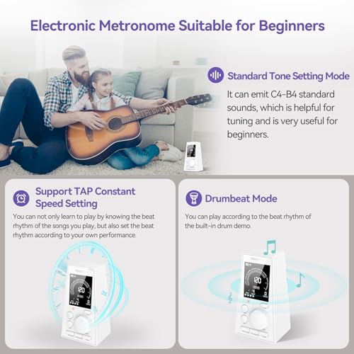 TERENCE Digitales Metronom Piano Gitarre Bass Eukliri Instrument Elektronisches Metronom mit Lautsprecher LCD Monitor Lautstärke Tempo einstellbar Timerfunktion wiederaufladbar 30-252bpm weiß
