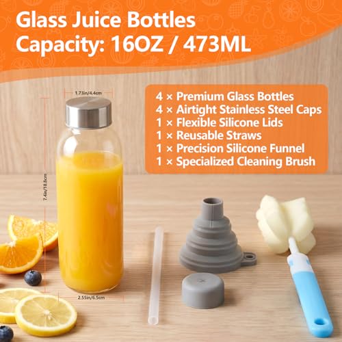 Image of Luxfuel 16 oz Clear Glass Water Bottles with Stainless Steel Lid, 4 Pack | Reusable, Leak-Proof, Airtight Lids & Straw, Dishwasher Safe, For Juicing, Milk, Ginger & Smoothies, Refrigerator Storage