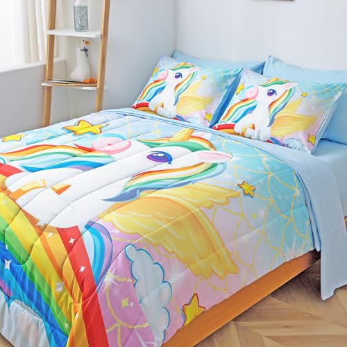 Image of Unicorn Bedding Twin Size for Girls - 5-Piece Kids Twin Comforter Set with Sheets, Pillowcase & Sham, Rainbow Pink Bed in a Bag