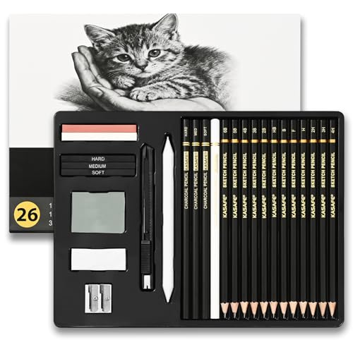 KASAFE 26 Pièces Kit de Croquis et Dessin Professionnel, Fournitures d'art avec Crayons Graphite 6B-4H & Fusain, Taille-crayon et Gommes pour Ombrage, Idéal pour...