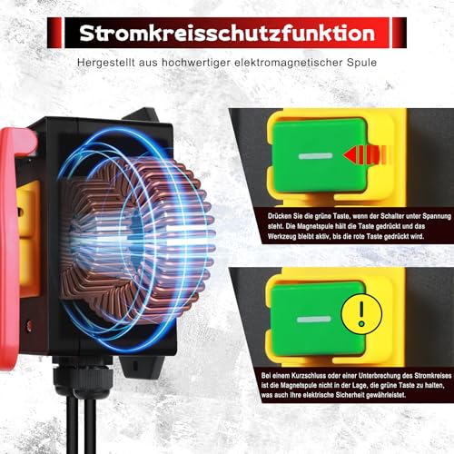 BOSYTRO Jednofazowy wyłącznik wł./wył. 230 V, wyłącznik bezpieczeństwa z gniazdkiem, elektromagnetyczny wyłącznik ciśnieniowy z kablem sieciowym o długości 1,6 m do szybkiego wyłączenia prądu