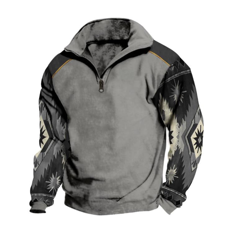ZOCANIA Mens Western Aztec Hoodie Sweatshirts Pullover Casual Henley Shirts with Pockets Cowboy Long Sleeve 1/4 Zip Jacket - Main Image