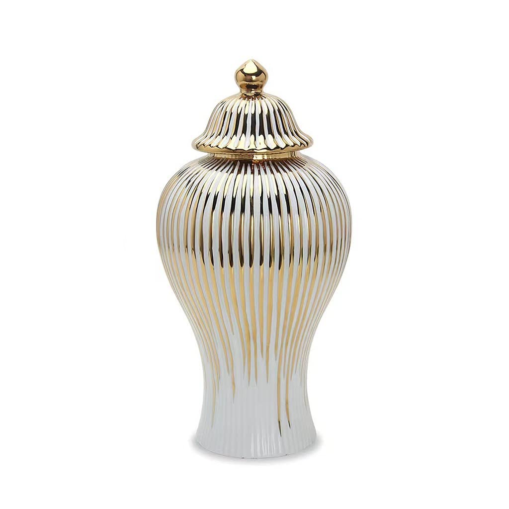 Jenek White Modern Ceramic Ginger Jar Vase With Lid, Porcelain Temple Jars Centerpiece Floral Arrangement Vase Table Flowerpot Living Room Home Decor, Gold (Size : S)