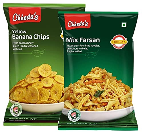 Image of Chheda's - Yellow Banana Chips (350Gm) and Mix Farshan (300 Gm) | Banana Wafers | Indian Namkeen | Tasty Snacks | Ready to Eat - Combo Pack