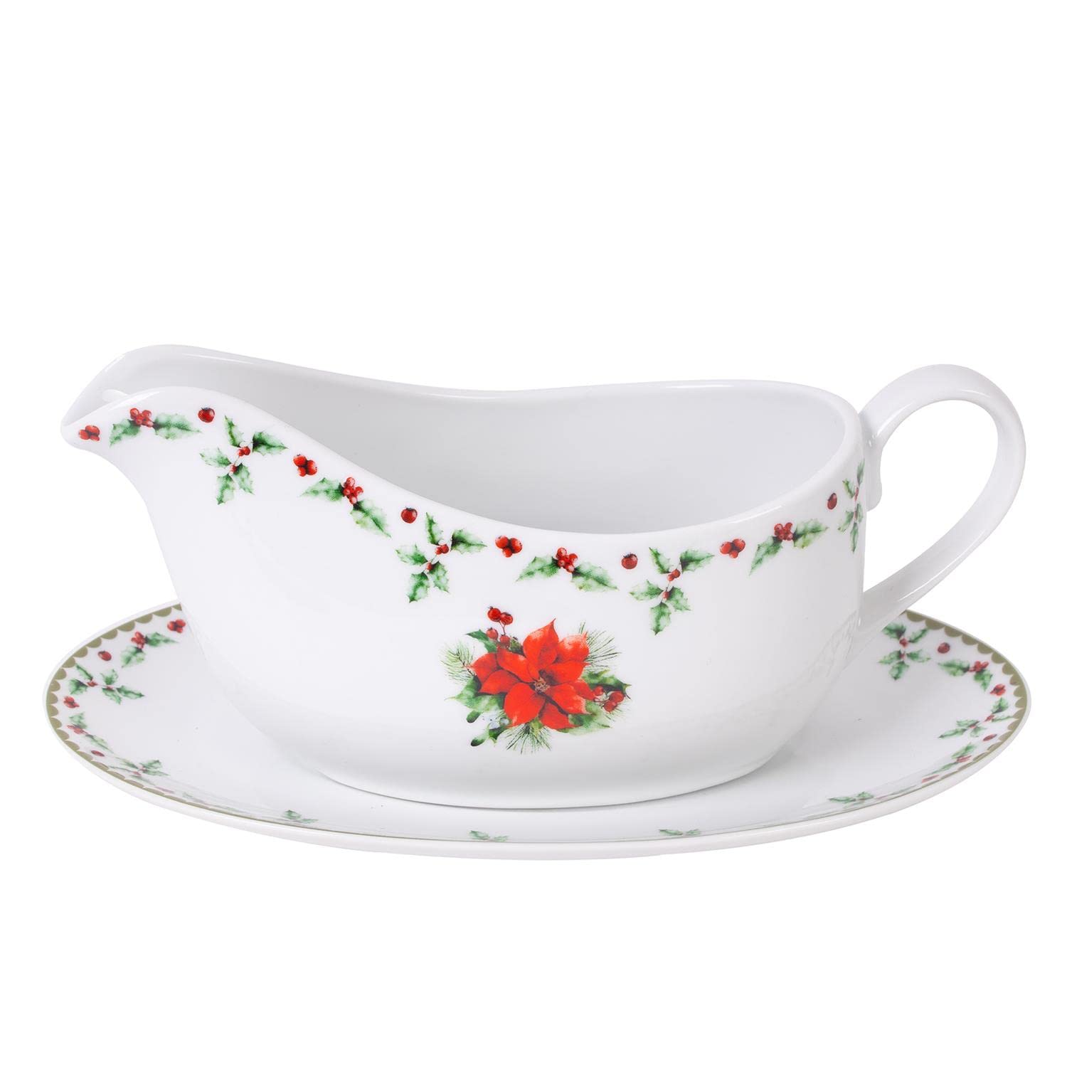Harvey & Mason 350ml Gravy Boat Saucer Holly Range Porcelain Jug Festive Christmas Dinner