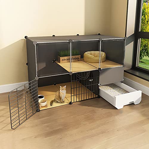 猫用トイレ付き、屋内用、2/3段猫用クレート、猫用プレイペン、猫用囲い、小動物用ケージ、犬用ケージ、運動場、1〜3匹の猫に最適(ブラック 111x49x73cm)