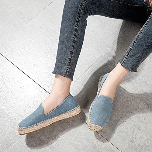Image of Women's Classic Slip on Flat Shoes Casual Cap-Toe Platform Simple Espadrille Canvas Loafers Light Denim Color Size 11