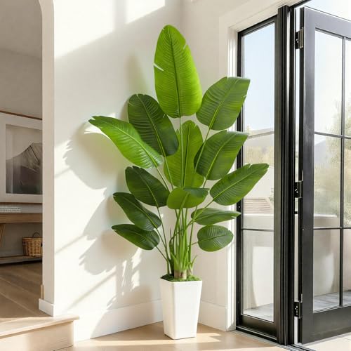Image of Lifelike Bird of Paradise Artificial Plant 7ft Faux Banana Leaf TRE with White Tall Wavy-Textured Planter for Home Decor- perect Indoor Silk Floor Plant for Living Room Office Ambianc Enhancement
