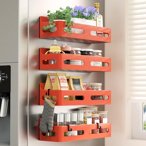 Image of Sevenblue 4-Pack Magnetic Spice Rack for Refrigerator with Hooks, Orange | Strong multipurpose magnetic shelf for kitchen & bathroom organization. Includes 4 removable hooks for hanging items.