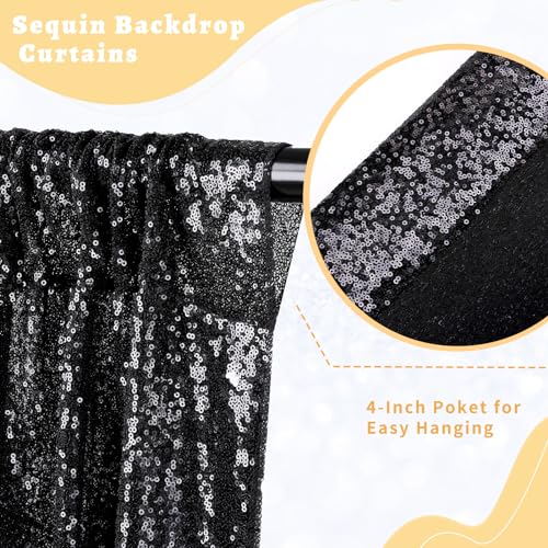 Image of Black Sequin Backdrop Curtain Drapes Wall Backdrop Party Decorations 8x8FT | Twilight Sparkle Glitter Fabric for Photography Background /Wedding /Baby Shower /Pincess Happy Birthday /Theme Party