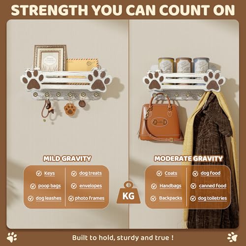 MTERSN Farmhouse Dog Leash Holder for Wall - Cute Dog Accessories Storage Organizer with Floating Shelf and 6 Key Hooks – Key Holder Wall Mount for Rustic Home Decor (White) - Image 6