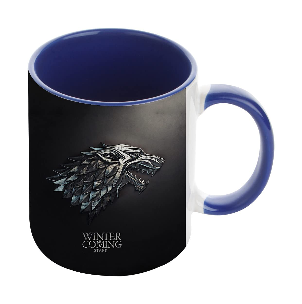 Winter is Coming Stark Wolf, Birthday, Christmas, Secret Santa Coffee Tea Mug 11oz Inside Coloured Ceramic Mug. (Navy Blue)