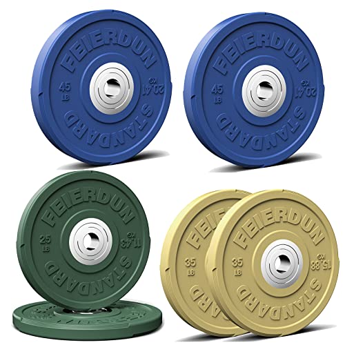 Image of FEIERDUN Color Bumper Plate Set, 2-Inch Olympic Weight Plates, Low Bounce Rubber Barbell Plates with Stainless Steel Insert for Weightlifting, Strength Training, CrossFit & Home Gym, 10LB-370LB