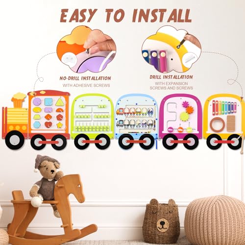 Image of Joyreal Train Activity Wall Busy Board Panels - 8-in-1 Toddler Learning Activity Center - Wooden Montessori Sensory Toys for Playroom, Daycare, Classroom - Educational Toy for All-Round Development