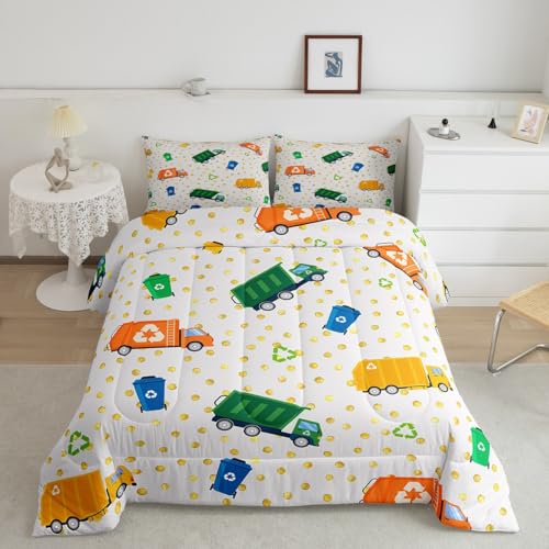 Castle Fairy Garbage Truck Full Size Comforter Set, Cartoon Trash Bedding for Adults Teens Children, Green Yellow Vehicle Car Luxury Quilt Set Room Decor 3Pcs