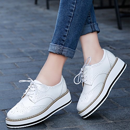 YING LAN Women's Platform Lace-Up Wingtips Square Toe Oxfords Shoe White
