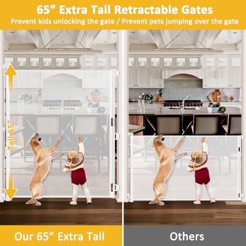 65” Extra Tall Baby Gate Retractable Pet Gate Indoor 55” Wide Retractable Dog Gate Outdoor Gate Retractable Gate Mesh Baby Gate Tall Dog Gates for Doorways Tall Retractable Baby Gates for Dogs, White