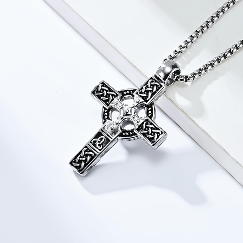 Cross Necklace for Men，Stainless Steel Celtic Knots Ireland Silver/Black Cross Religious Necklace Vintage Geometric Design Chain Christian jewelry 60 cm/23.6 inches - Image 3
