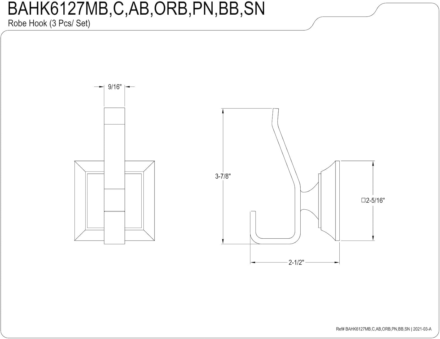 Kingston Brass BAHK6127ORB Monarch 3-Piece Bathroom Robe Hook/Towel Hook, Oil Rubbed Bronze