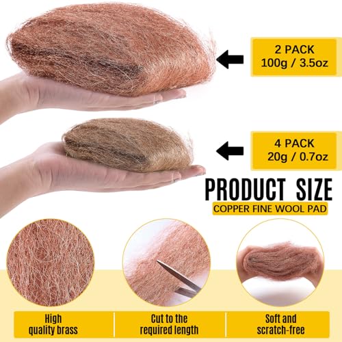 Image of Teenyyou 6 Pcs Copper & Bronze Wool Set, Soft Reusable Polishing Tools for Wood and Metal, Furniture Refinishing, Rust & Oxide Removal, Includes 2 Copper Pads and 4 Bronze Rolls