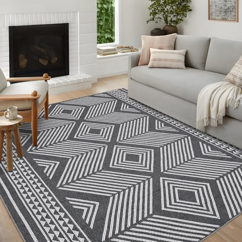GlowSol Washable Indoor/Outdoor Rug 8x10 Modern Black Washable Rugs for Farmhouse, Geometric Soft Carpet Non-Slip Stain Resistant Rugs for Living Room Dining Room,8x10