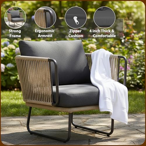 Image of Amazon Brand - Solimo Harbor Outdoor Rope Sofa Set | Balcony Sofa | Patio Conversation Sets | Braided Rope Garden Sofa Set and Table (4 Seater- Beige+Grey)