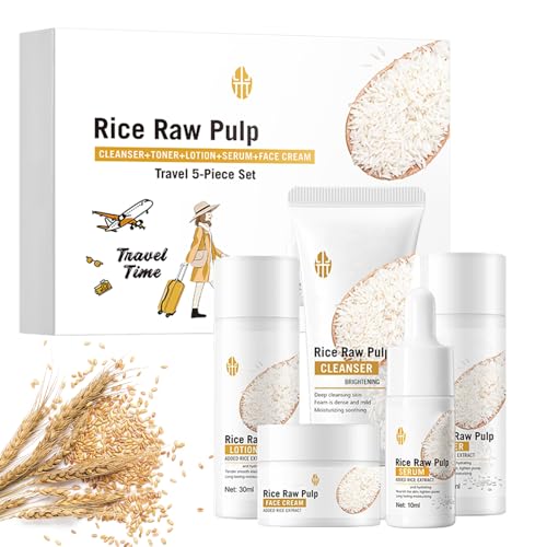 Rice 5 Stück Travel Skincare Set, Reisefreundliches Feuchtigkeitsspendendes Gesichtspflege Set, rice toner travel size Women - Rice Toner Gesichtsreiniger Serum Lotion Feuchtigkeitscreme