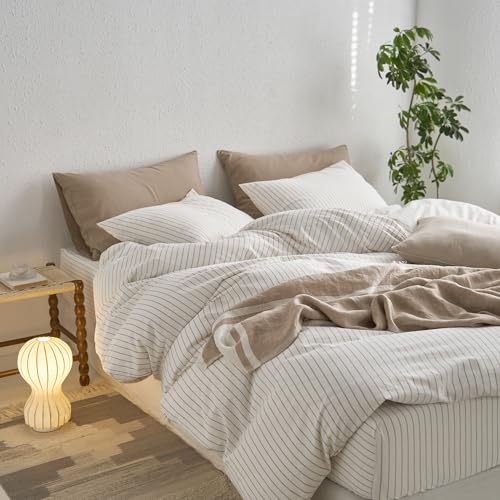 Image of MooMee Striped Duvet Cover Set 100% Washed Cotton Linen Like Super King | Relaxed Linen-like Texture. Soft, Breathable & Long-lasting Comfort. Lightweight. Hidden Zipper with 8 Interior Corner Ties