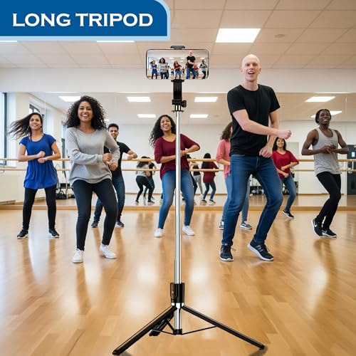 Image of Kratos Upgraded 2026 67Inch / 170cm Long Selfie Stick Tripod with Wireless Remote, Long Tripod Stand with 360 Rotation, Compatible with Mobile /GoPro for Travel,Suitable for iPhone and All Smartphones