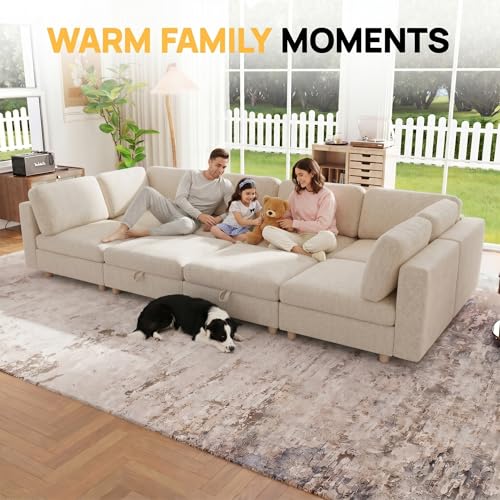 Image of 128 inch Modular Sectional Sleeper Sofa, 8 Seaters Chenille Modular Sectional Sofas, Sleeper Sofa Bed with Storage & Ottoman, Sleeper Couch with Removable Covers, Beige Sectional Couches for Living Room
