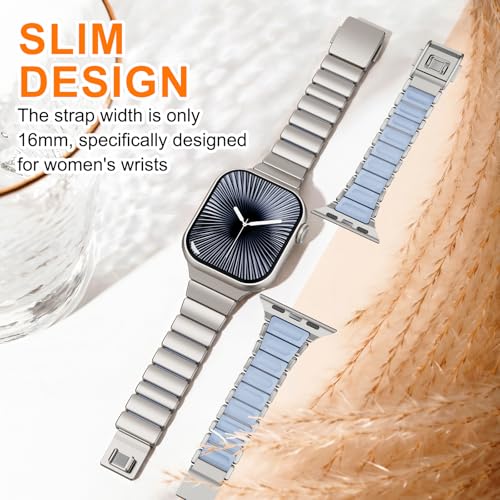 Image of Magnetic Slim Metal Band Compatible with Apple Watch Bands for Women Series 11 10 46mm 45mm 44mm 42mm SE 9 8 7 6 5 4 38mm 40mm 41mm 3 /2 /1,Luxury Stainless Steel Strap Silicone Link For iwatch