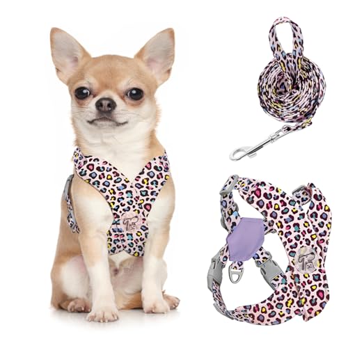 Pawaboo Small Dog Harness and Leash Set, Puppy Harness X-Frame No Pull No Choke, Dog Vest Harnesses Adjustable for Small Medium Sized Dogs,Soft Breathable Pet Harnesses for Walking, S, Pink Leopard