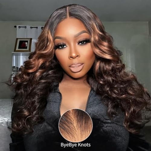 Image of Beauty Forever Black to Chestnut Brown Ombre Loose Wave Bye Bye Knots Wig 7x5 Glueless Lace Wig with Bleached Knots Put on and Go Pre Plucked Pre Cut HD Lace Wig for Women 150% Density 18 Inch