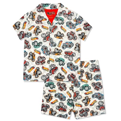 Hot Wheels Boys Pajama Set - 2 Piece Boys Flannel Coat Style Short Matching PJs Kids Button Down Pajamas - Official Product White Grey