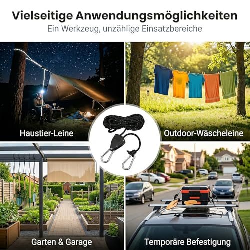 4er Set Verstellbarer Seil Ratsche, 4m Abspannseile mit Seilspanner, 4mm Einstellbare Seil Ratsche, 1/8 Zoll verstellbare Seilratsche für Camping, Aufhängung, Schwarz