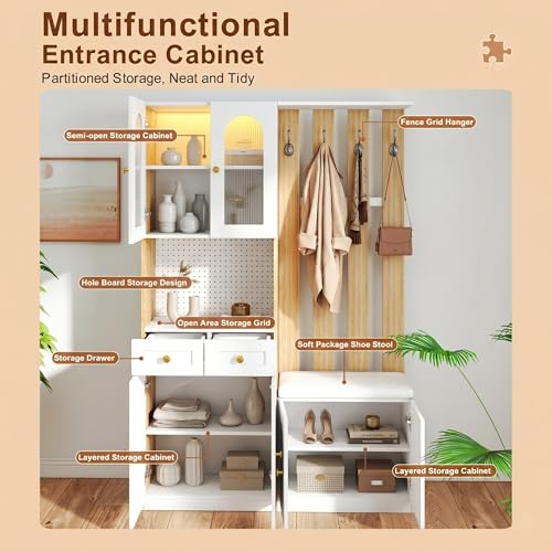 Mueble de pasillo con espejo y luces LED armario modular con banco para optimizar espacio 7