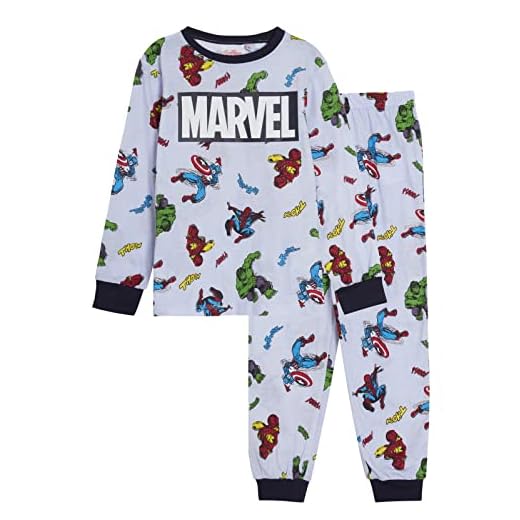 Marvel Pijama de los Vengadores de los Niños de longitud completa Pjs Hulk Spiderman Capitán América Iron Man Conjunto de ropa de dormir, azul claro, 10 años