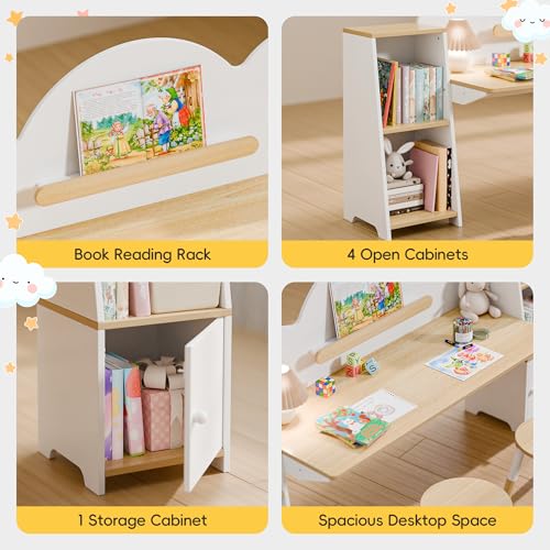 Xilingol Kids Study Desk with Bookshelves and 2 Stools, Kids Desk and Chair Set with 5 Storage Cabinets, Wooden Children Writing Table, Student Study Table for Ages 3-8, Bedroom, Boys, Girls - Image 6