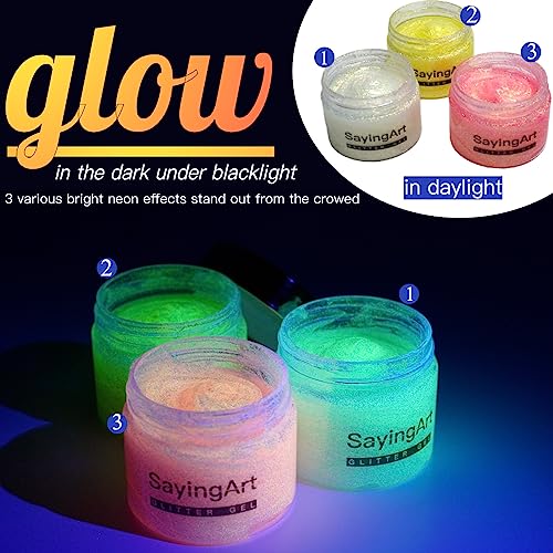 Sayingart Silver Bright Glow Body Glitter Gel, 2.46 Oz Face Glitter Glow In The Dark Under Black Light Uv Neon Sparkle Glitter For Hair Face Body Rave Festival Glow Party Supplies - No Glue Required #TOP2